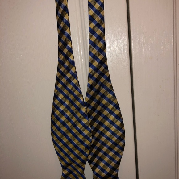 Yellow and blue checkered silk bow tie adjustable - Picture 2 of 2